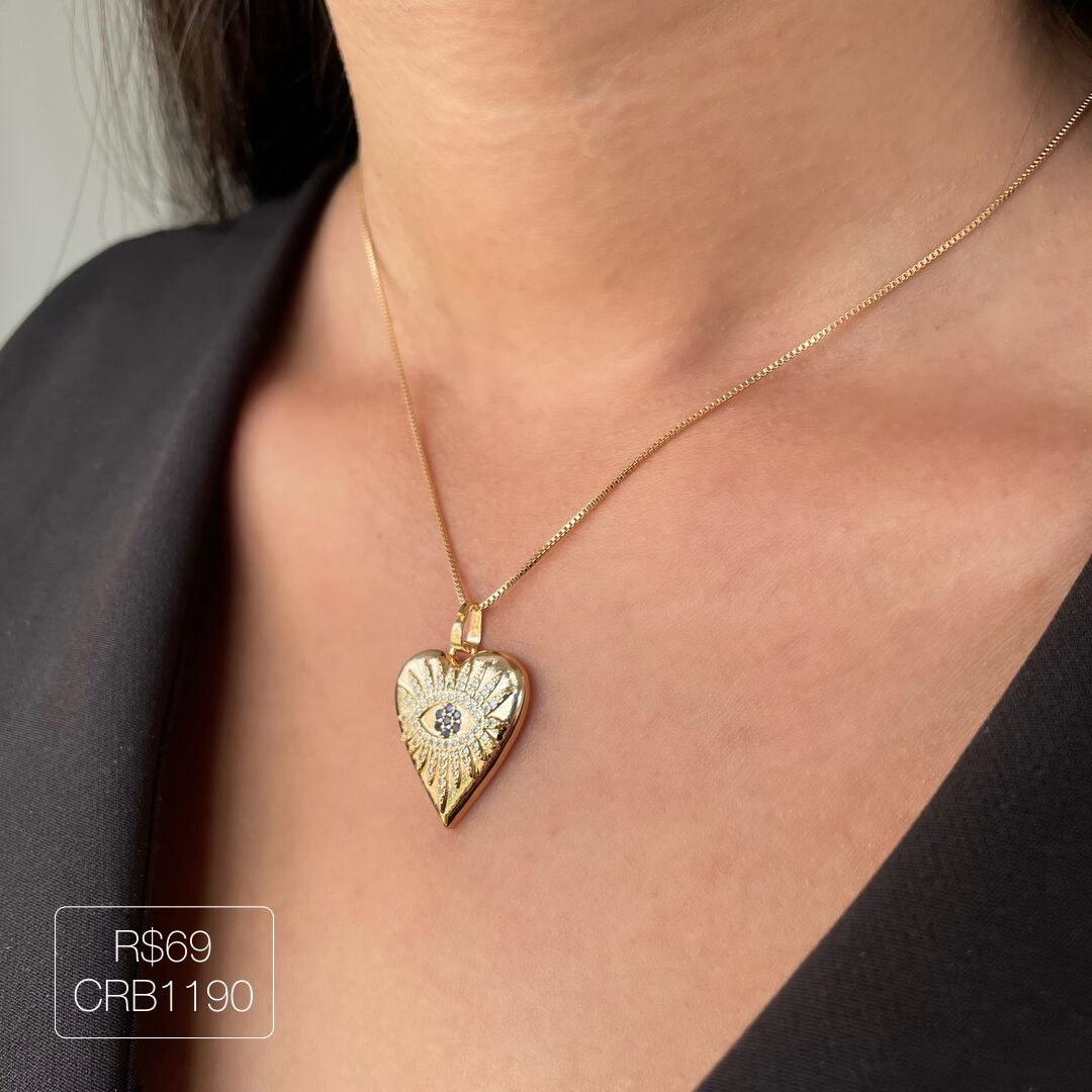 Colar Olho Grego Coração G 60Cm